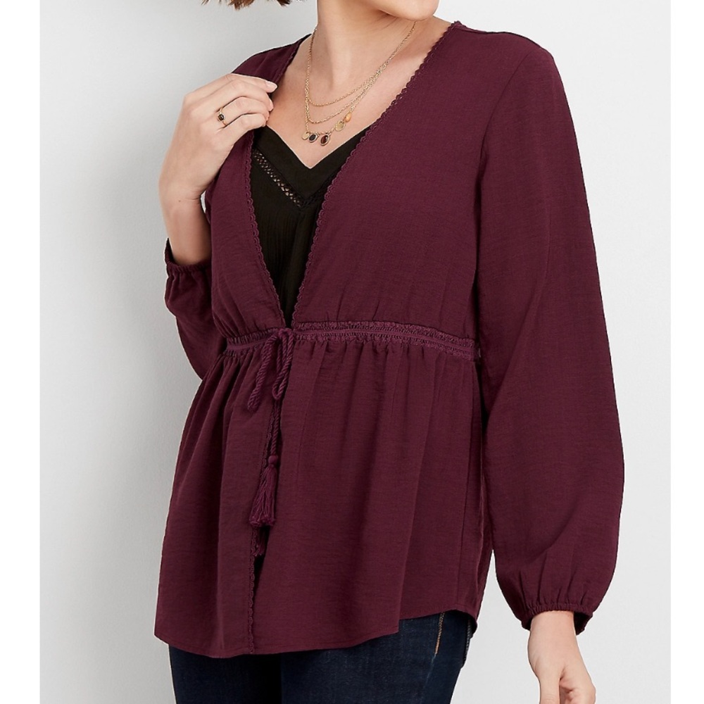 Maurices Boho Crocheted Trim Front Tie Kimono Maroon Burgundy Medium